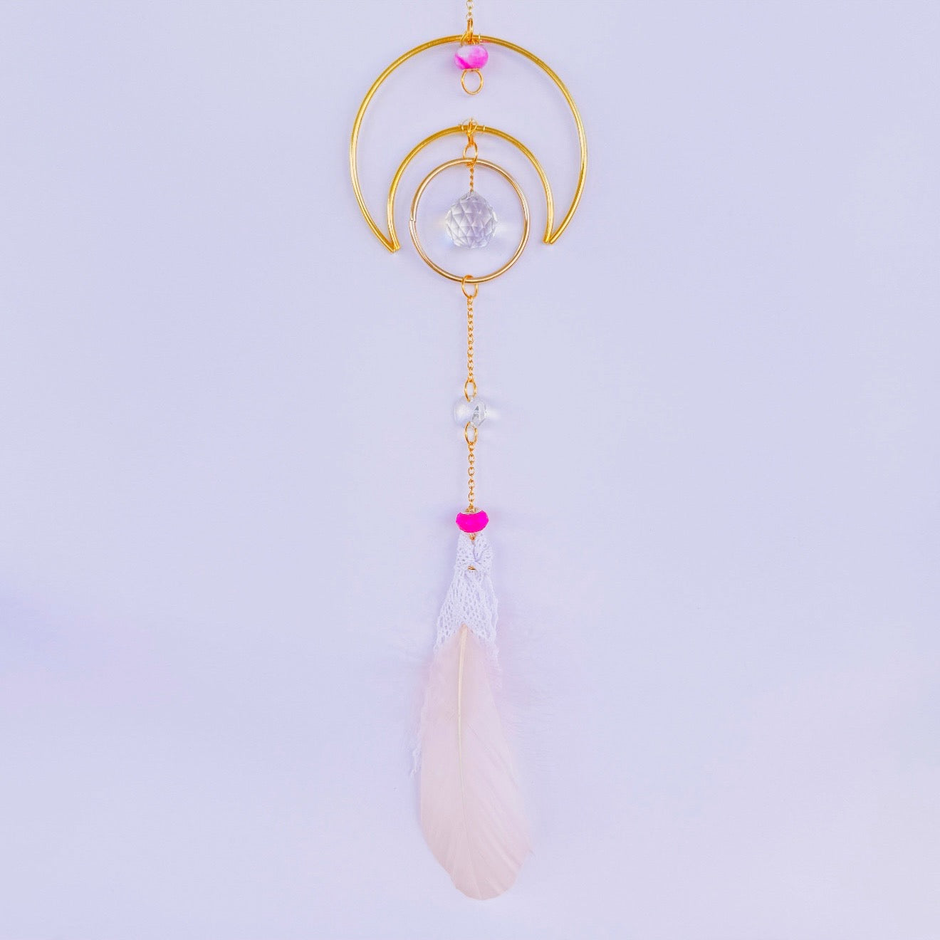 Decorative Nesting Moon Suncatcher with Pink Beads + Feather