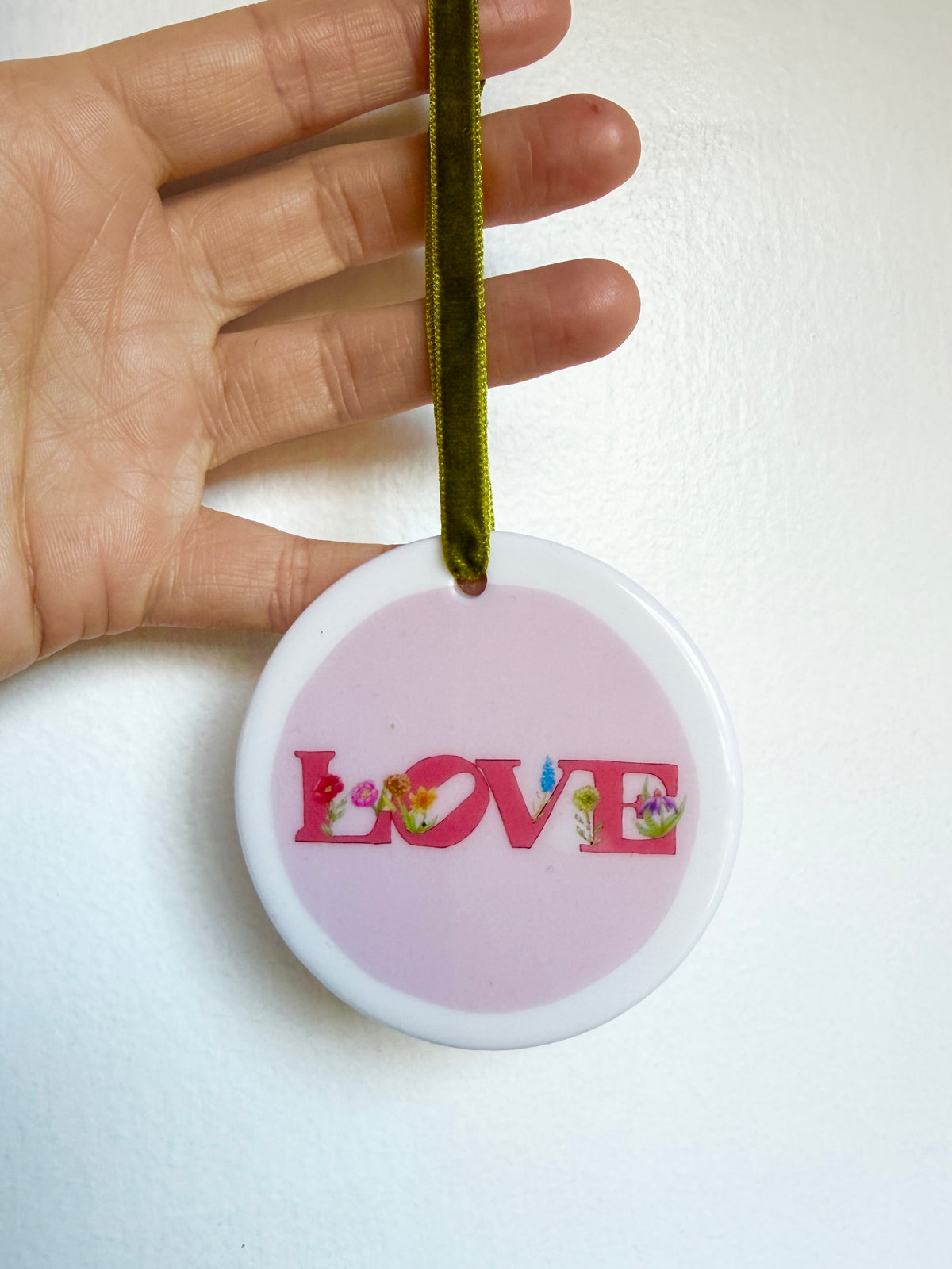 Love with Flowers | White Ceramic Ornament with Green Velvet Tassel