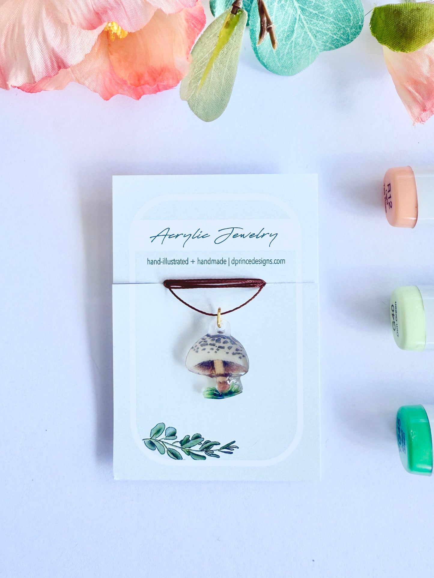 Hand-Illustrated Parasol Mushroom | Handmade Acrylic Necklace