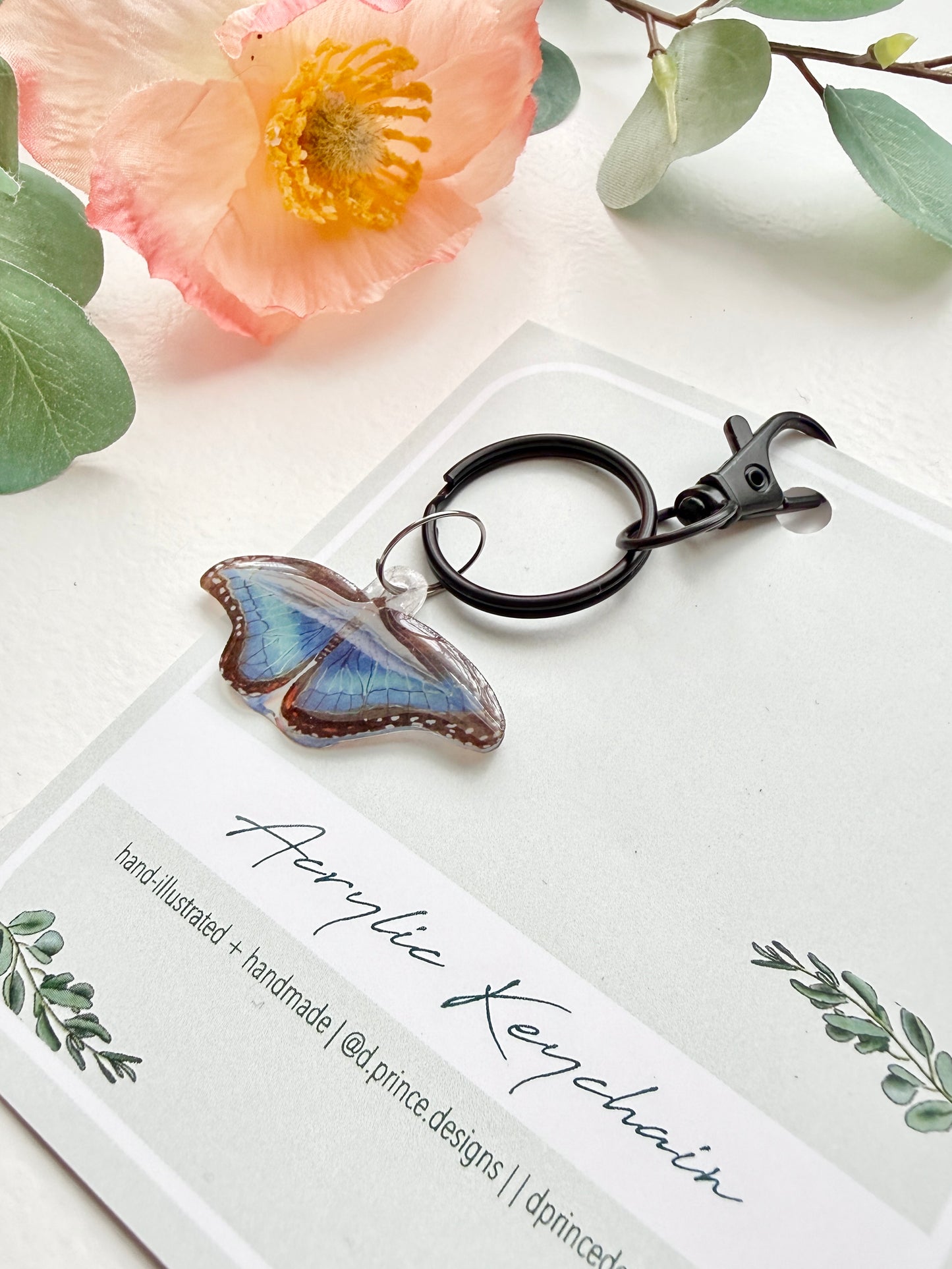 Hand-Illustrated Blue Morpho Butterfly | Handmade Acrylic + Resin Keychain/Bag Charm