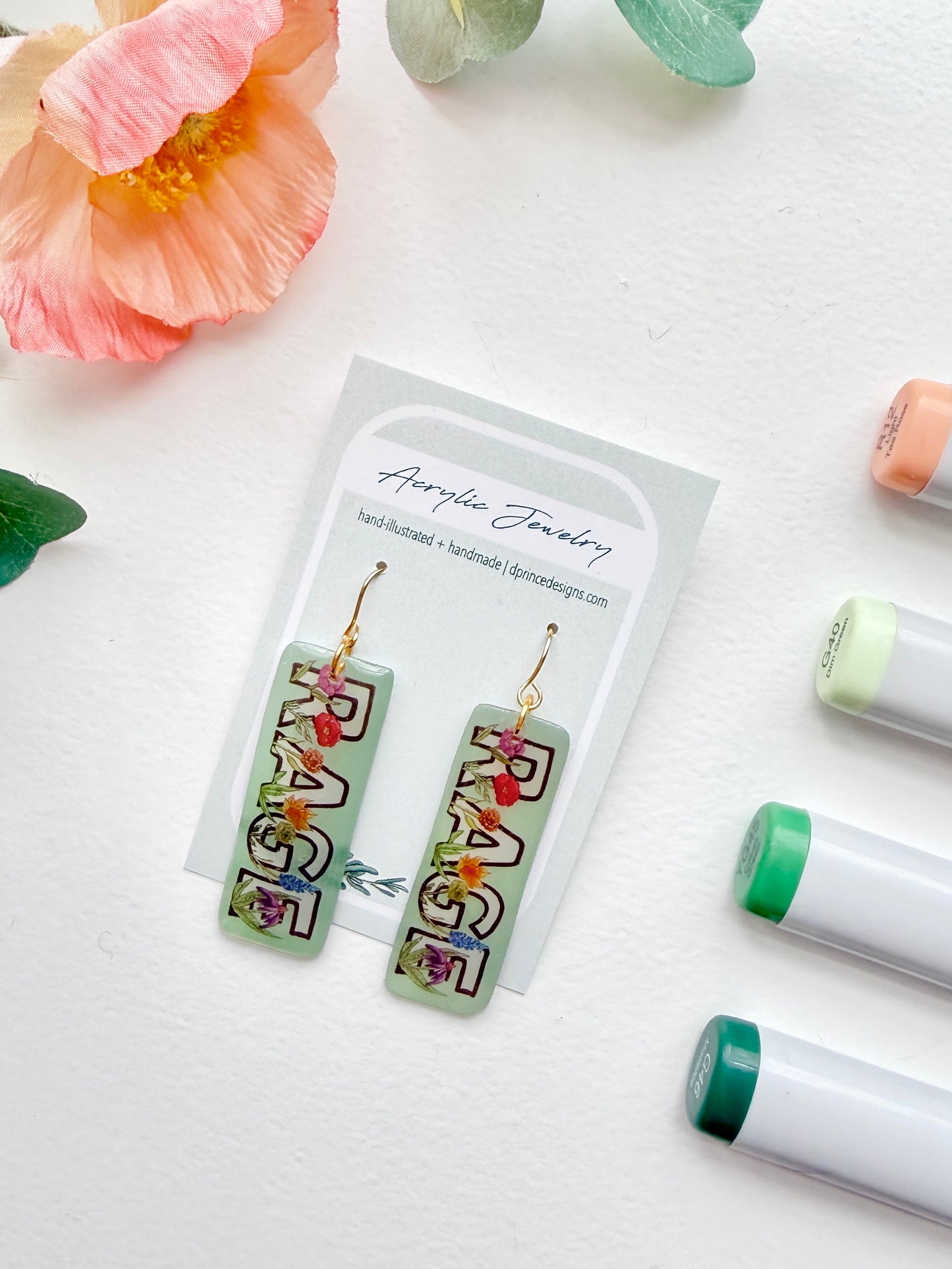Hand-Illustrated Rage with Rainbow Flowers | Handmade Acrylic + Resin Dangle Earrings