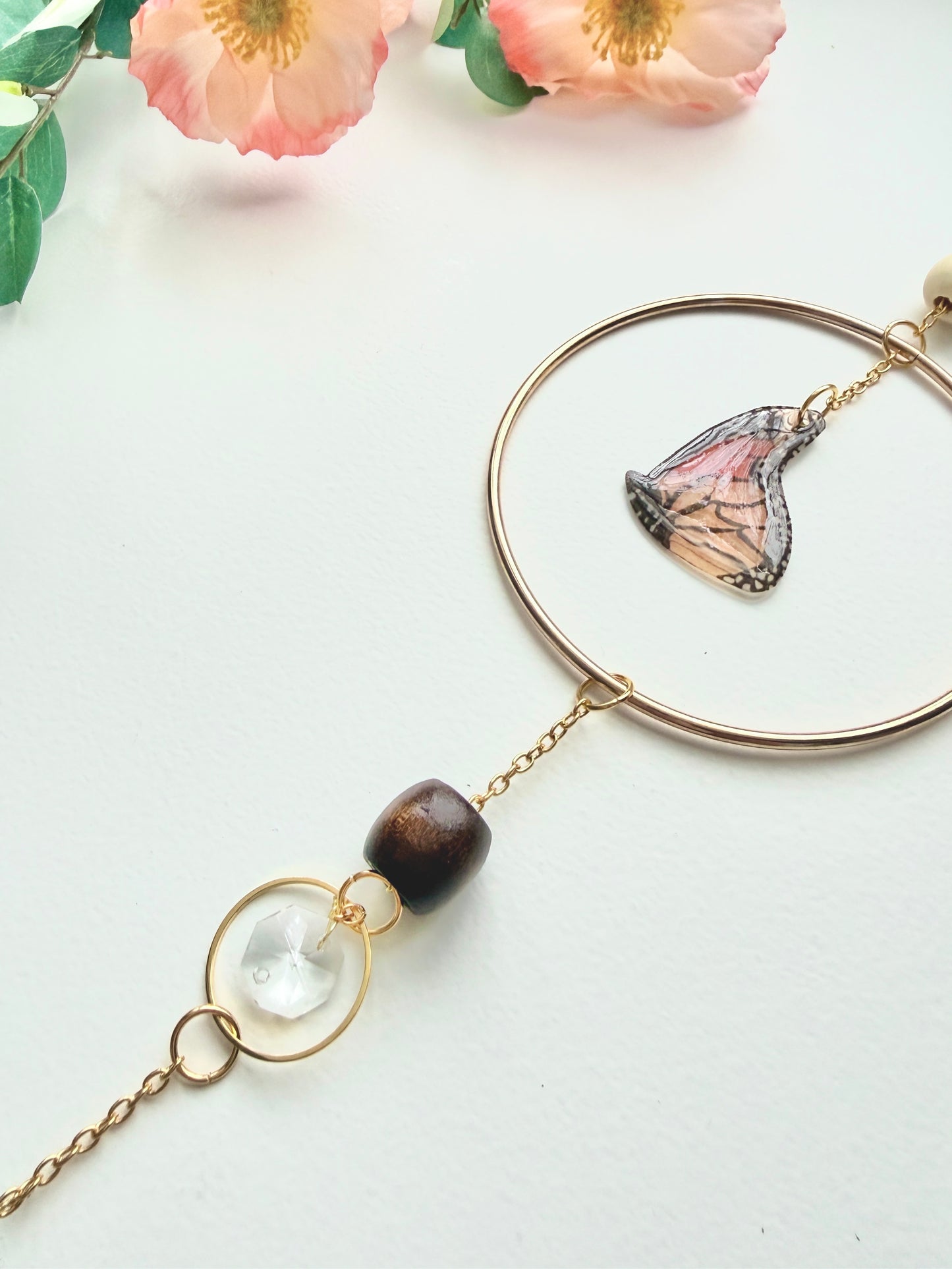 Handmade + Hand-Illustrated Monarch Butterfly Suncatcher with Wood Beads