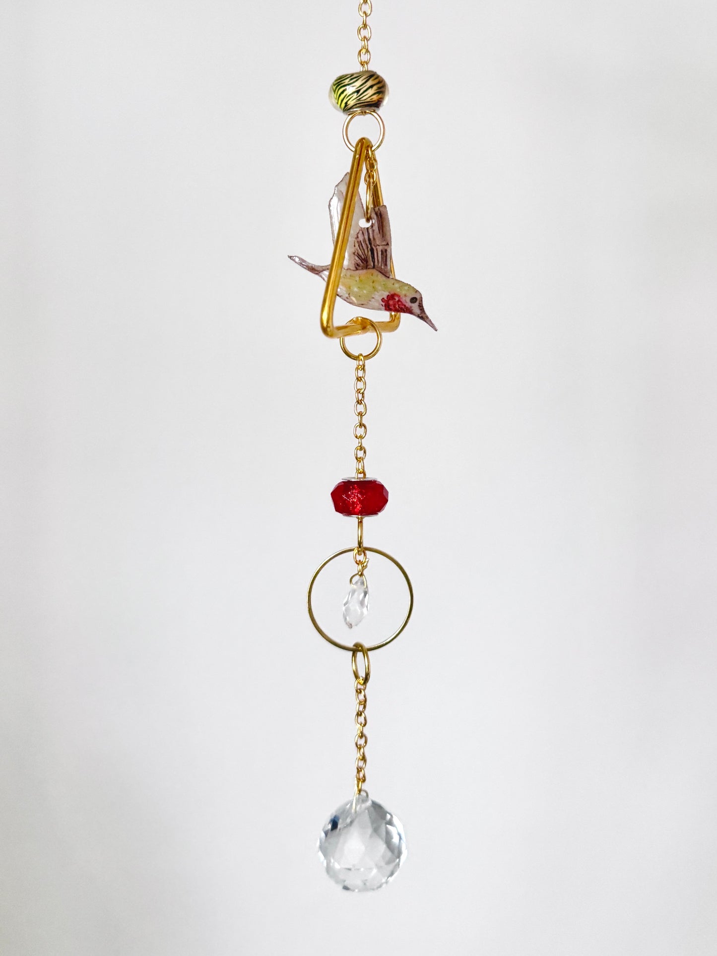 Handmade + Hand-Illustrated Hummingbird Suncatcher with Green and Red Beads