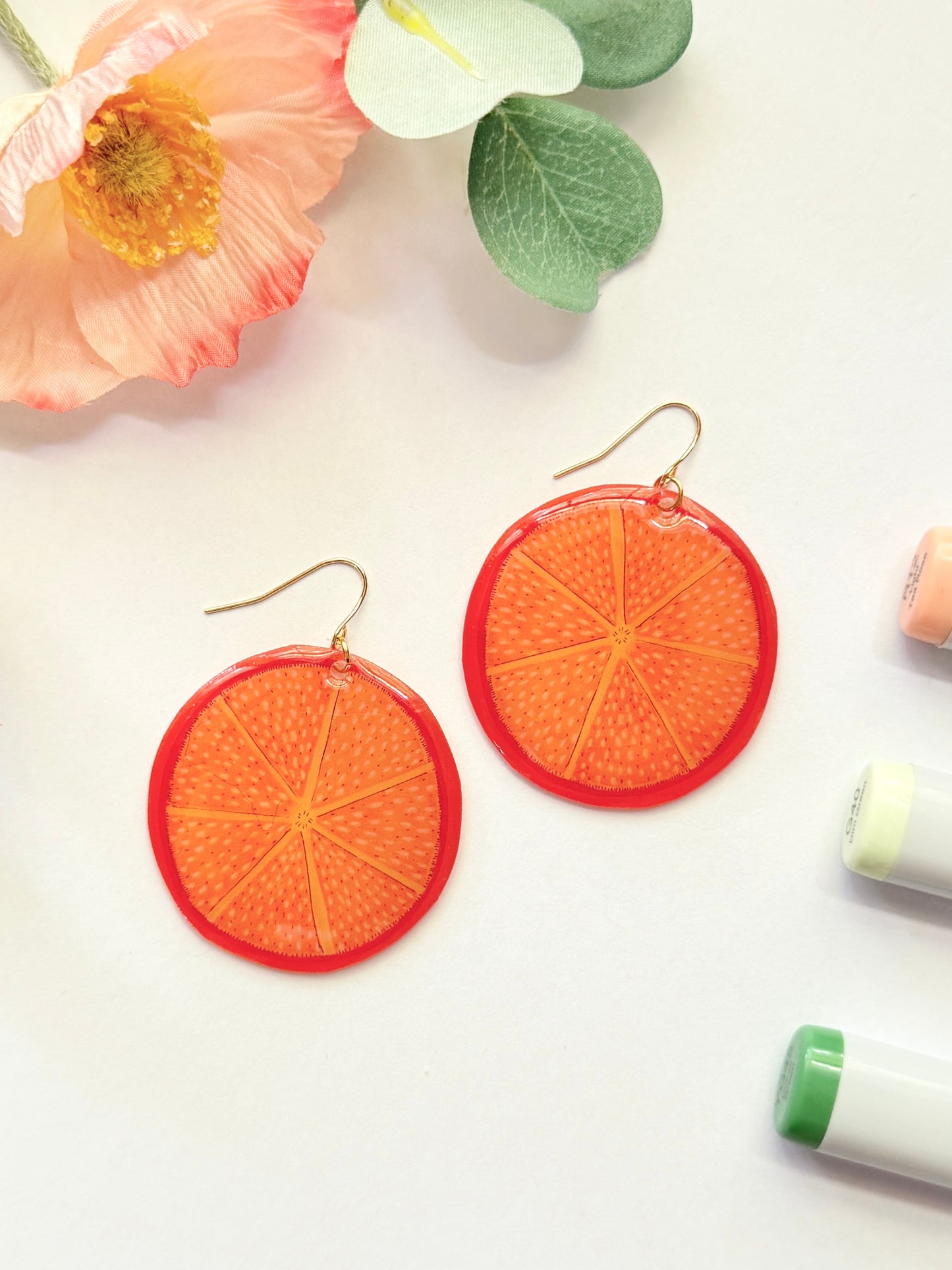 Hand-Illustrated Orange Slices | Handmade Acrylic + Resin Dangle Earrings