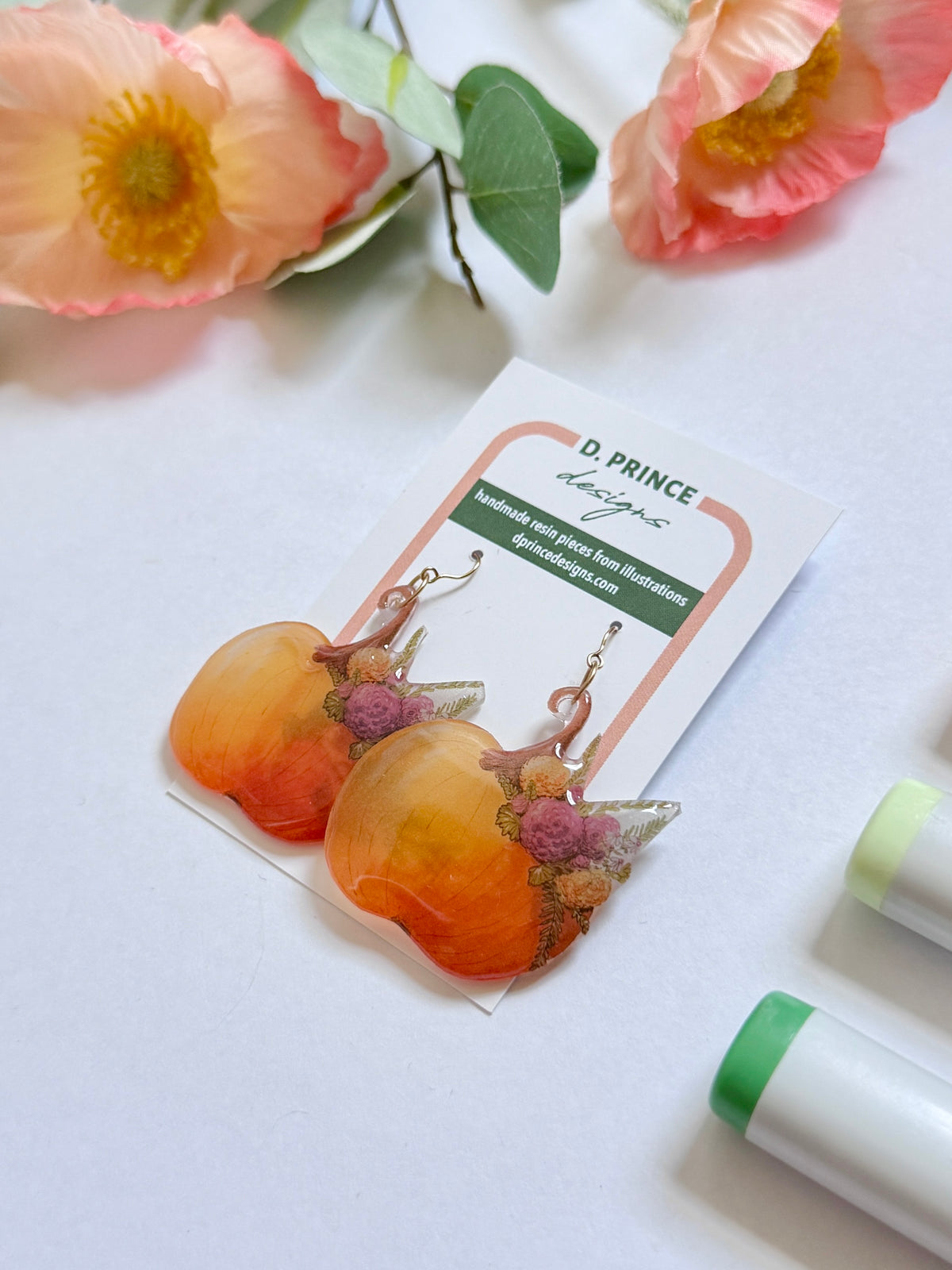Hand-Illustrated Floral Pumpkins | Handmade Acrylic + Resin Dangle Earrings