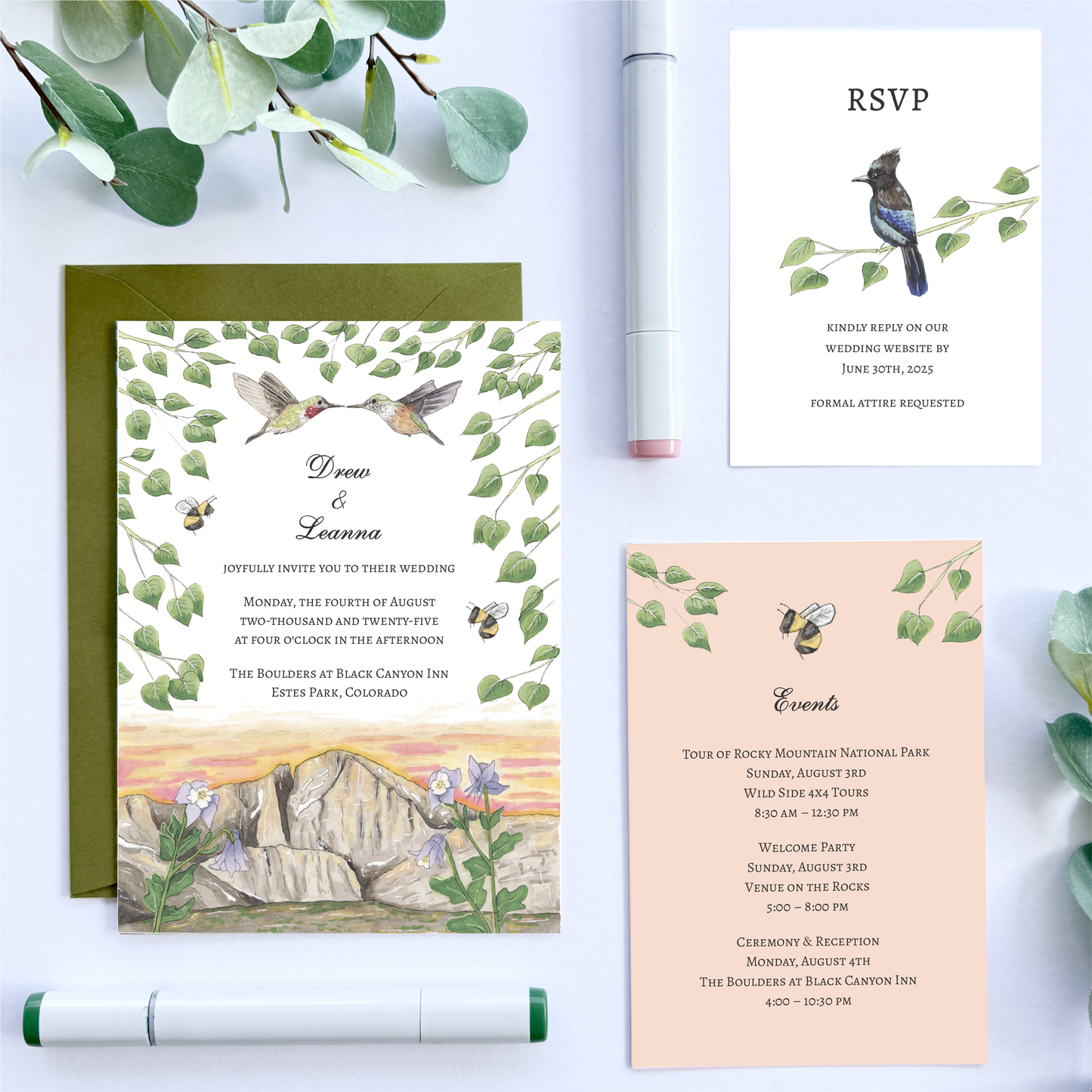 Hand-Illustrated Custom Single-Sided 5x7 Event Invitations with Envelopes | Portrait/Vertical Orientation