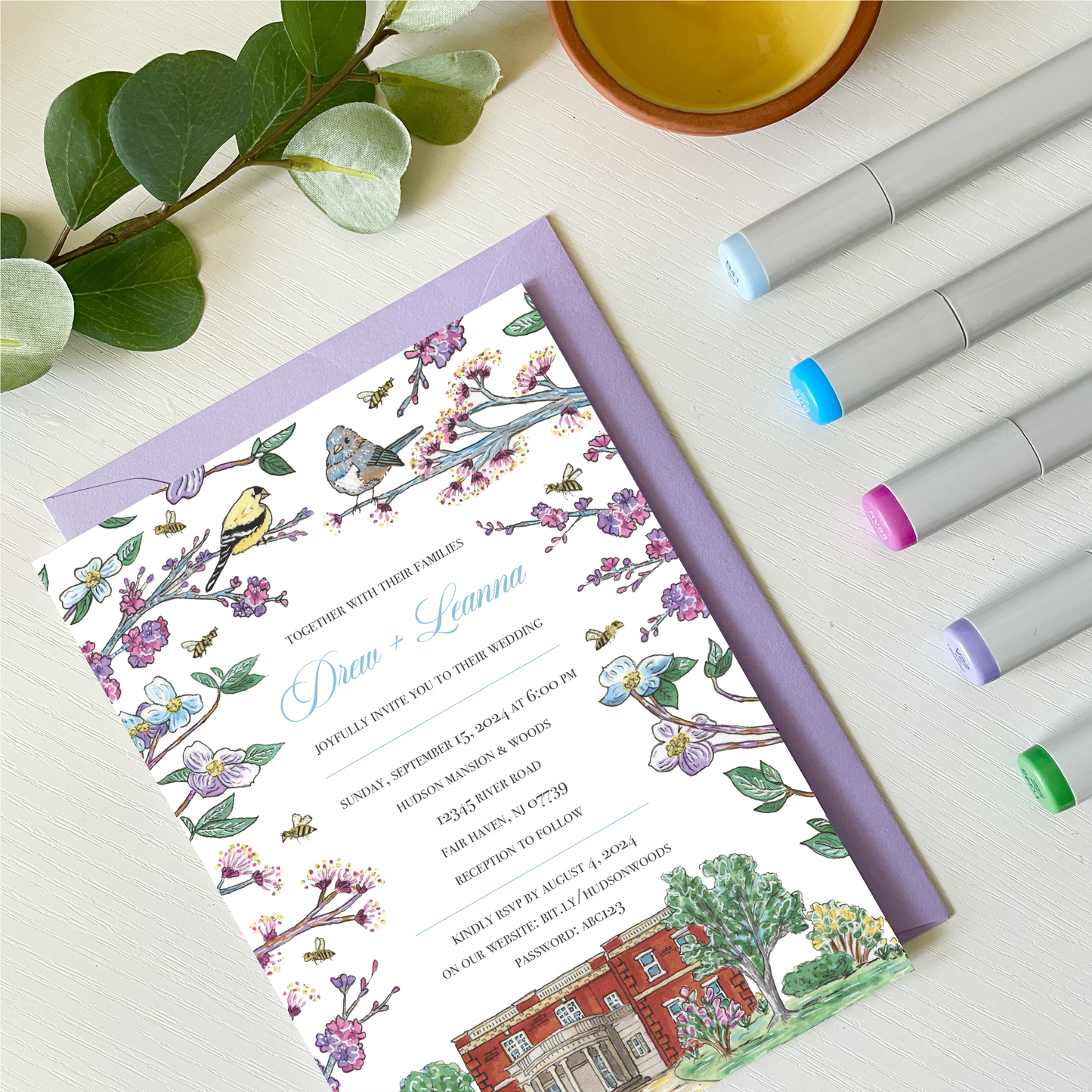 Hand-Illustrated Custom Single-Sided 5x7 Event Invitations with Envelopes | Portrait/Vertical Orientation