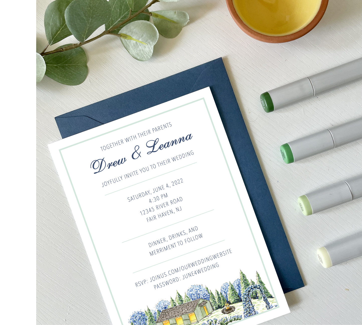 Hand-Illustrated Custom Single-Sided 5x7 Event Invitations with Envelopes | Portrait/Vertical Orientation