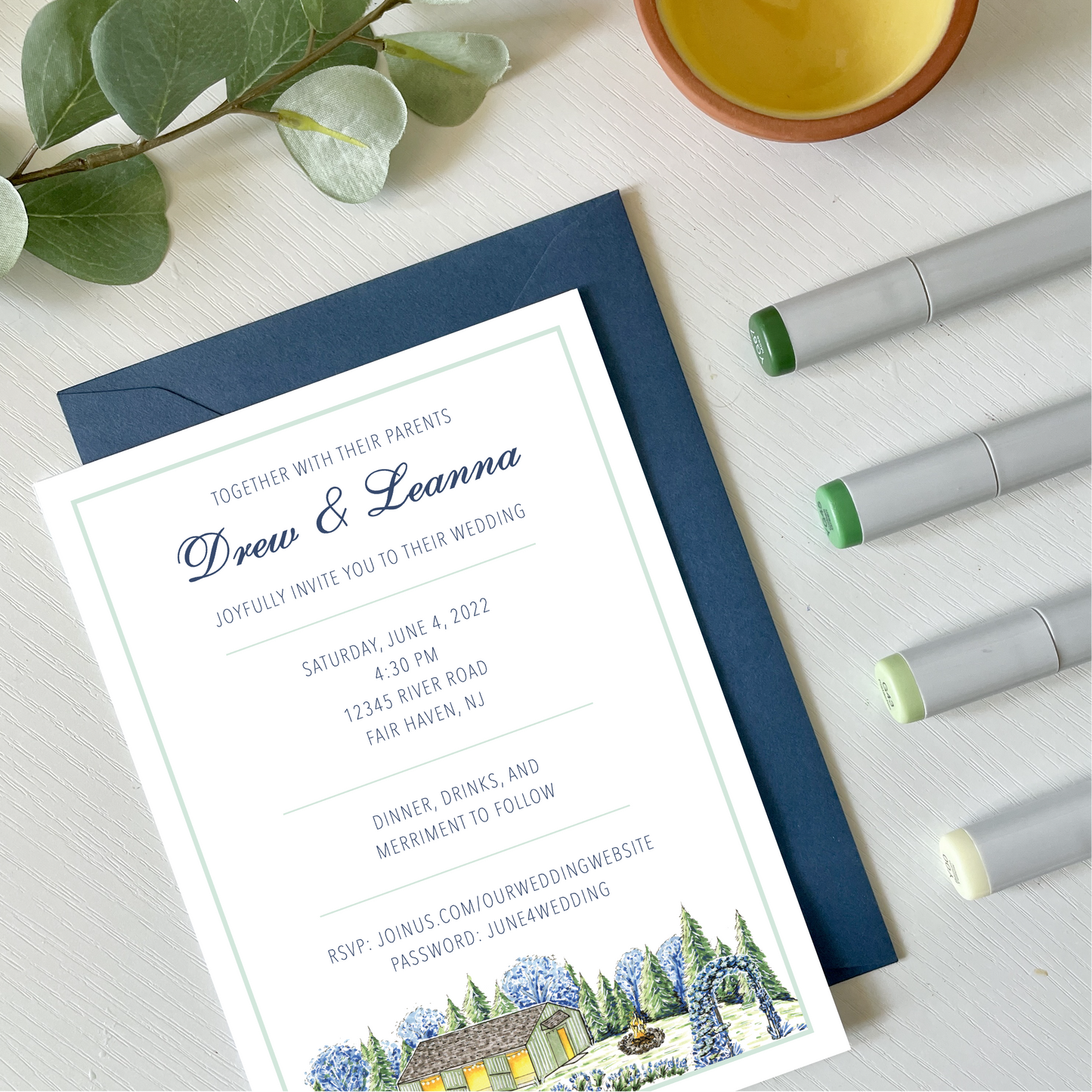 Hand-Illustrated Custom Single-Sided 5x7 Event Invitations with Envelopes | Portrait/Vertical Orientation