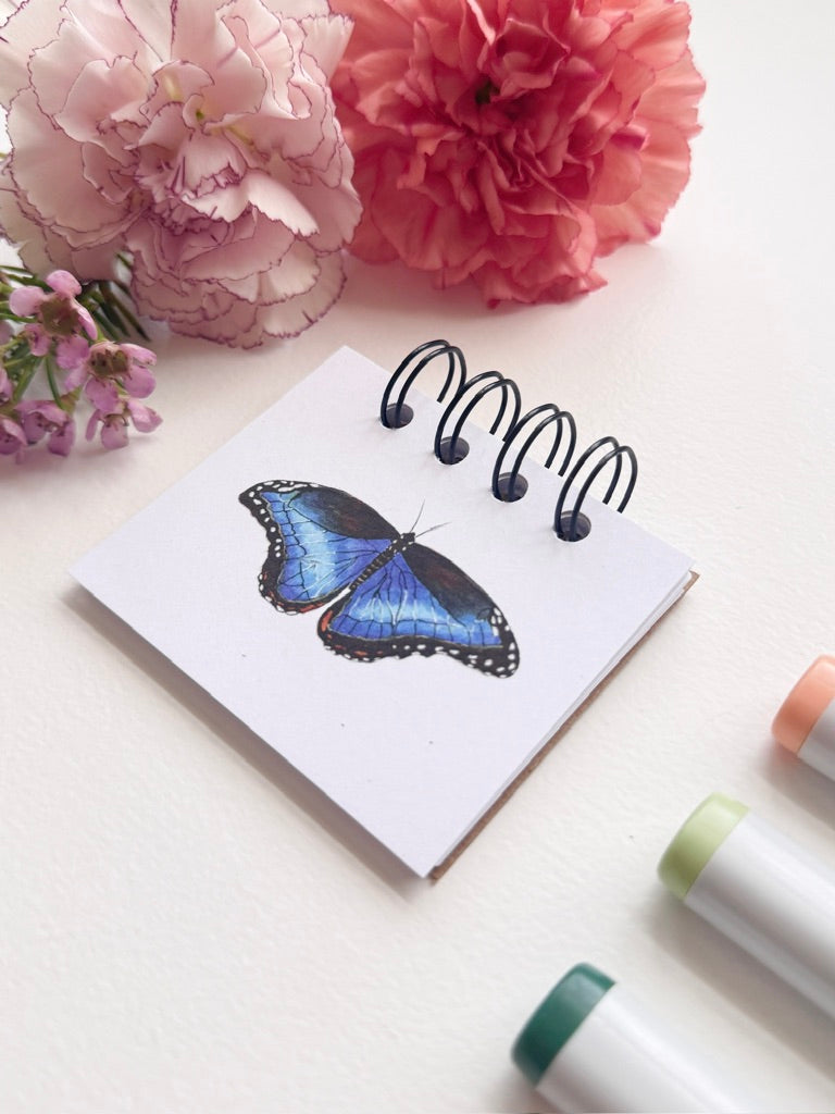 Hand-Illustrated + Handmade Mini Notebook/Sketchbook | Blue Morpho Butterfly