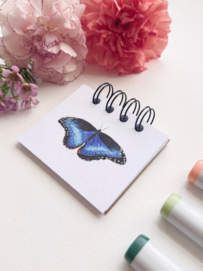 Hand-Illustrated + Handmade Mini Notebook/Sketchbook | Blue Morpho Butterfly