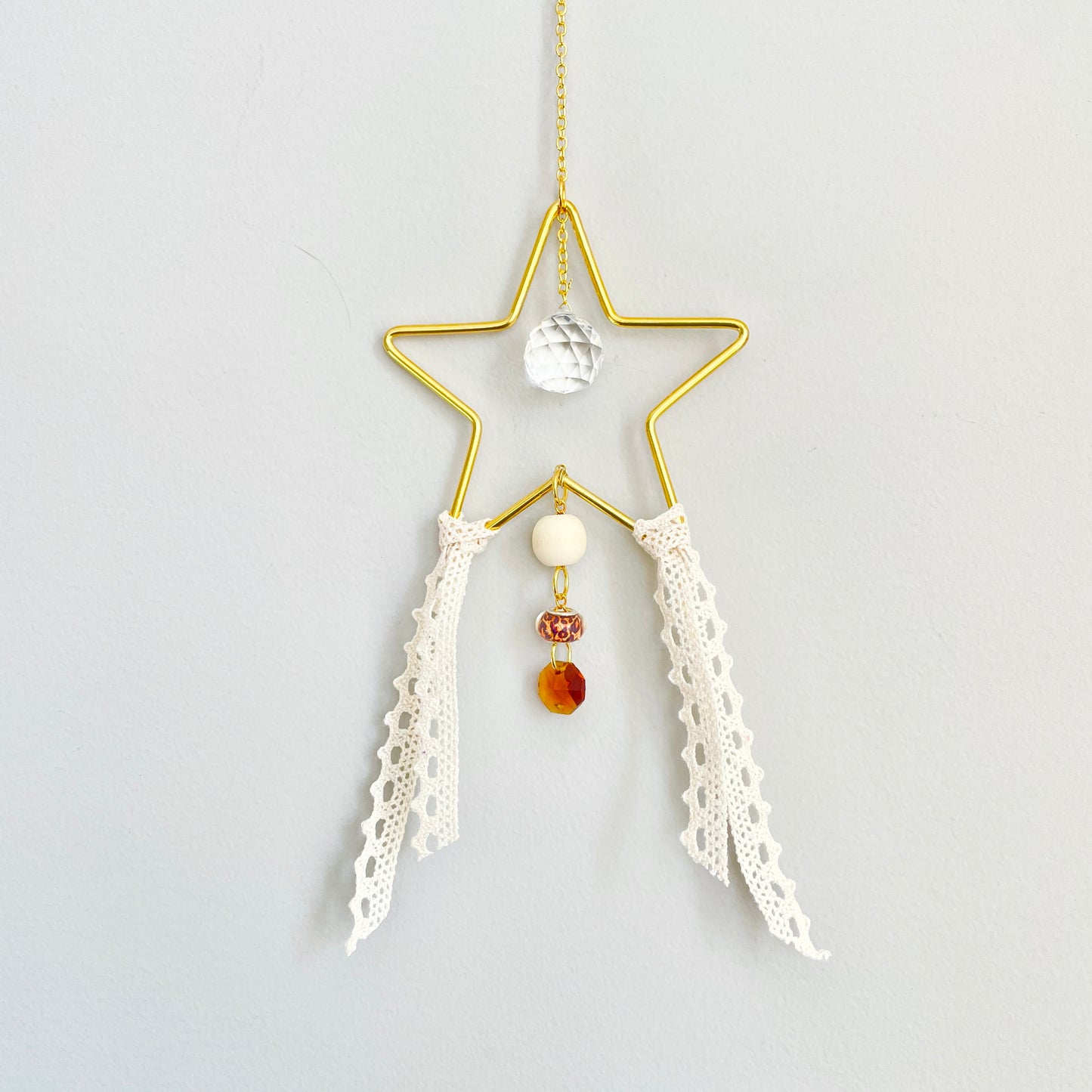 Small Shooting Star Suncatcher with Lace Ribbon + Amber Beads