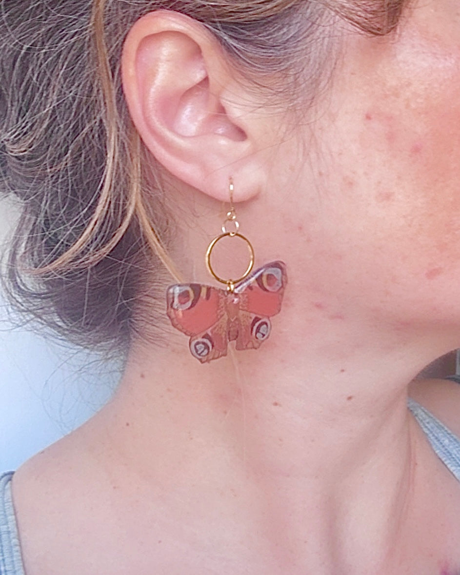 Hand-Illustrated Red Peacock Butterflies | Handmade Acrylic + Resin Dangle Earrings