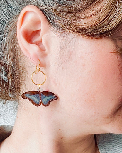 Hand-Illustrated Blue Morpho Butterfly | Handmade Acrylic + Resin Dangle Earrings