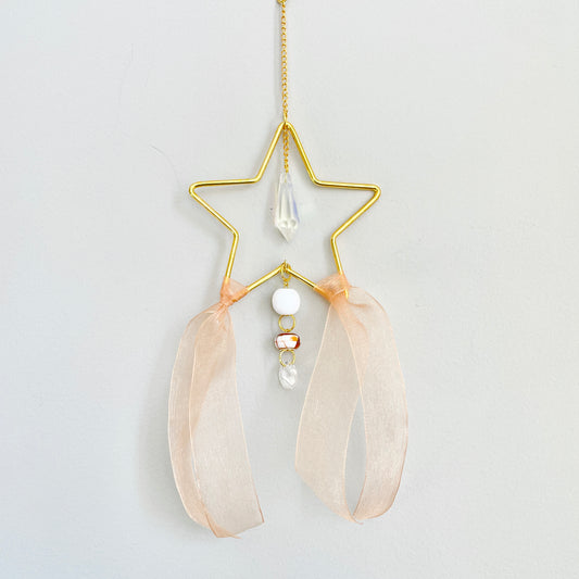 Small Shooting Star Suncatcher with Peach Chiffon Ribbon + Beads