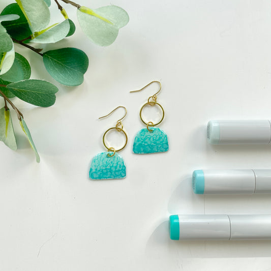 Upcycled Plastic Earrings | Ombre Blue Arches with Gold Circles