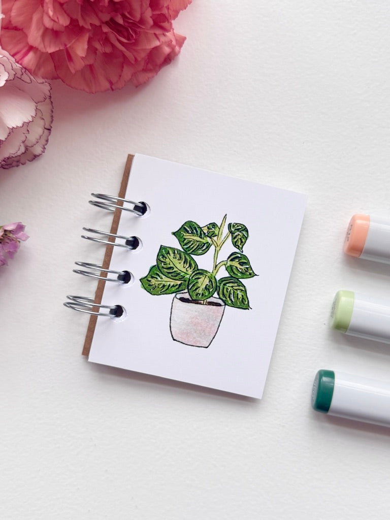 Hand-Illustrated + Handmade Mini Notebook/Sketchbook | Maranta Houseplant