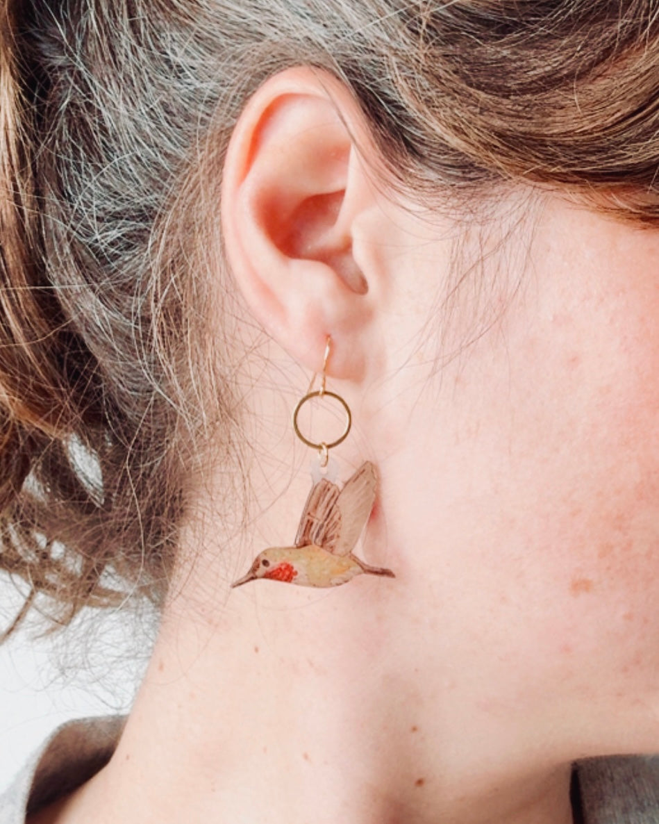 Hand-Illustrated Hummingbirds | Handmade Acrylic + Resin Dangle Earrings