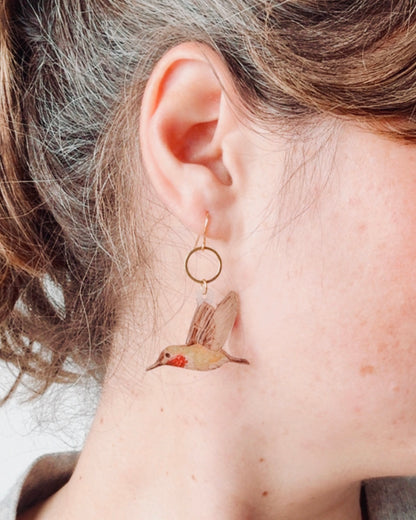 Hand-Illustrated Hummingbirds | Handmade Acrylic + Resin Dangle Earrings