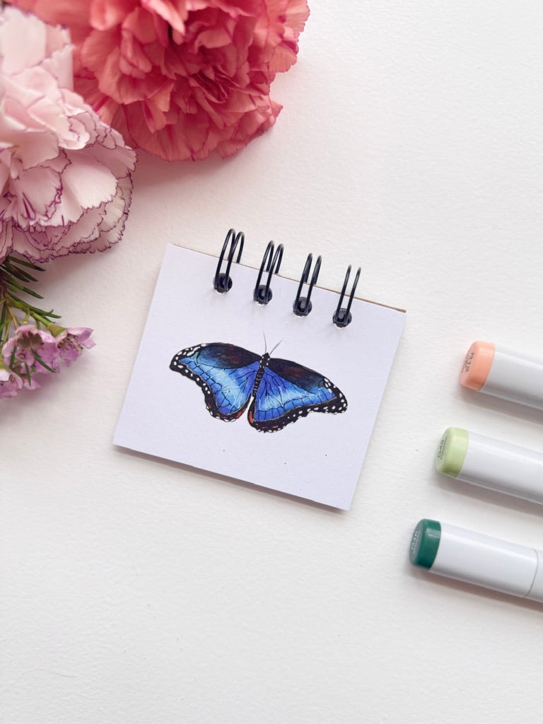 Hand-Illustrated + Handmade Mini Notebook/Sketchbook | Blue Morpho Butterfly