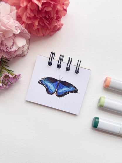 Hand-Illustrated + Handmade Mini Notebook/Sketchbook | Blue Morpho Butterfly