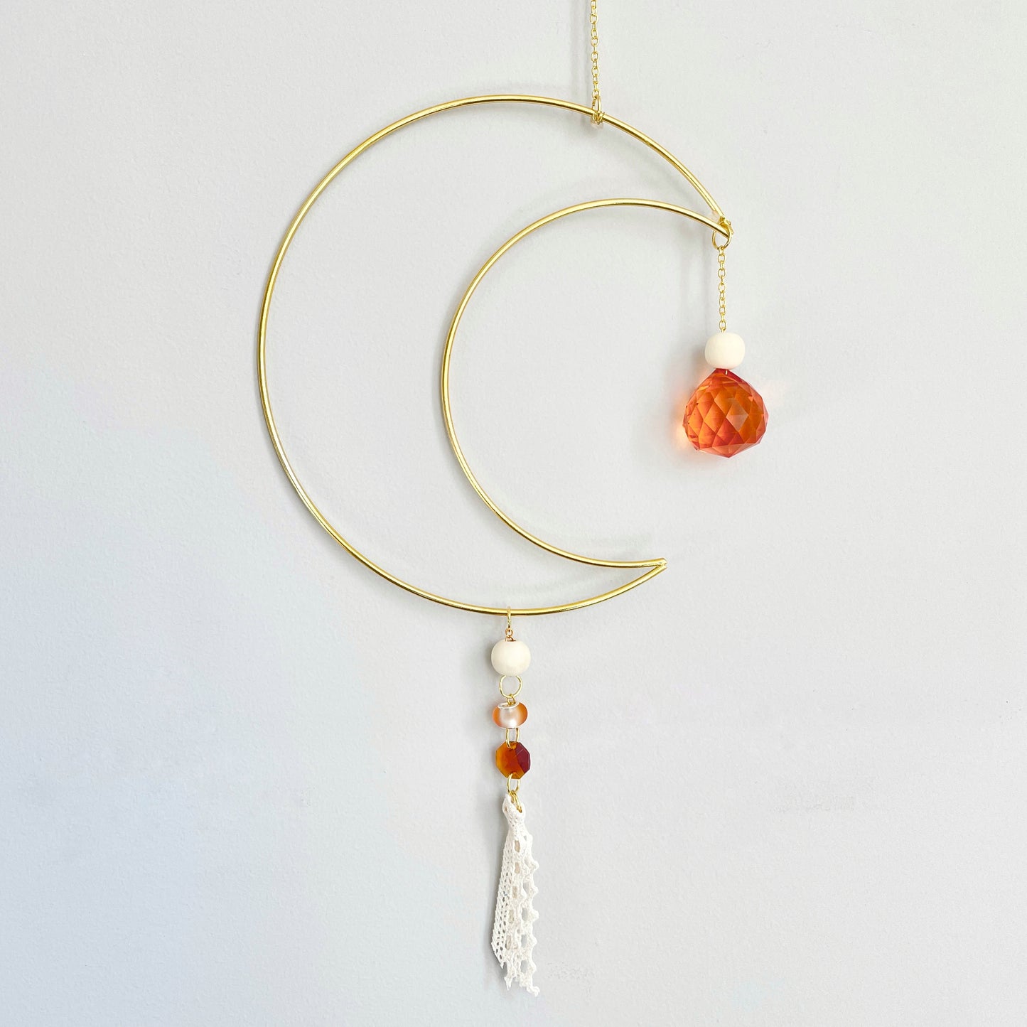 Decorative Amber Neutral Moon Suncatcher with Prism, Beads, and Ribbon