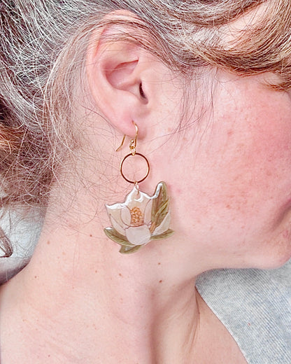 Hand-Illustrated Southern Magnolia Flowers | Handmade Acrylic + Resin Dangle Earrings