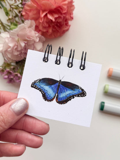 Hand-Illustrated + Handmade Mini Notebook/Sketchbook | Blue Morpho Butterfly