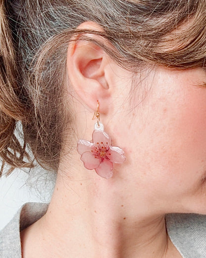 Hand-Illustrated Cherry Blossoms | Handmade Acrylic + Resin Dangle Earrings