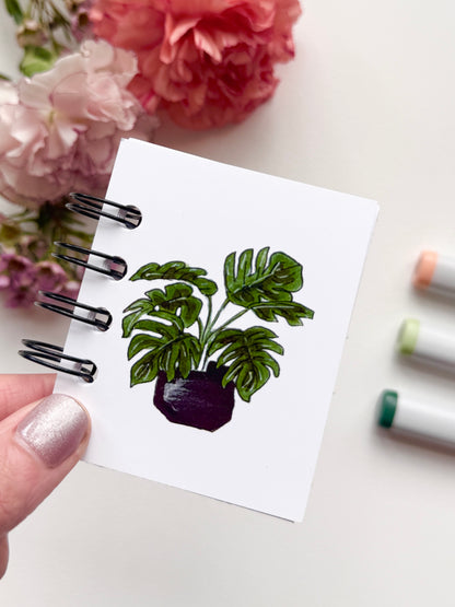 Hand-Illustrated + Handmade Mini Notebook/Sketchbook | Monstera Houseplant