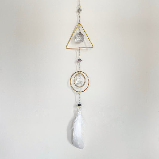 Decorative Gray + White Mini Galaxy + Triangle Suncatcher with Prism, Beads, and Feathers