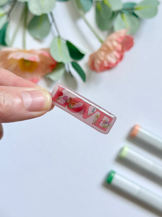 Hand-Illustrated + Handmade Pink Love with Flowers Resin Hair Clip