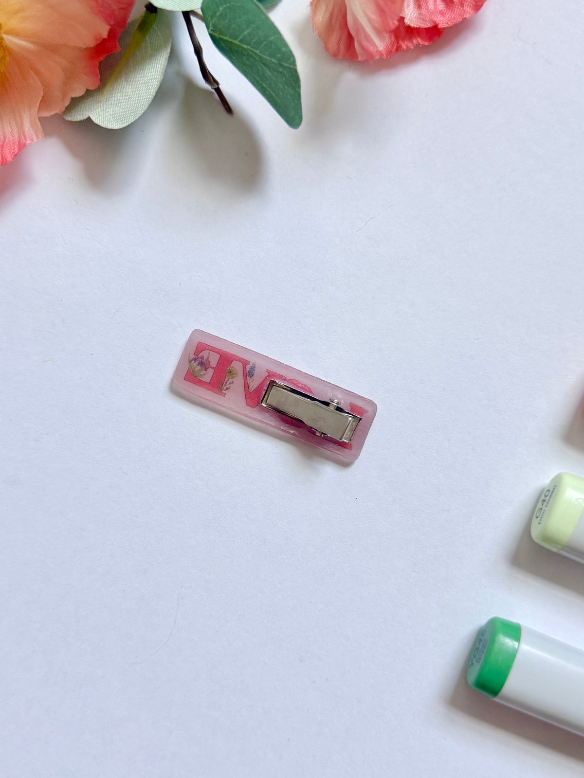 Hand-Illustrated + Handmade Pink Love with Flowers Resin Hair Clip