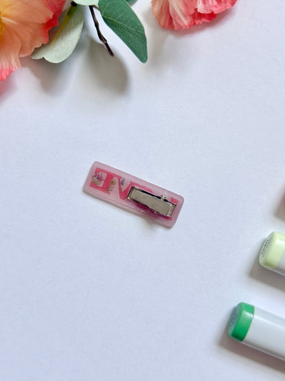 Hand-Illustrated + Handmade Pink Love with Flowers Resin Hair Clip