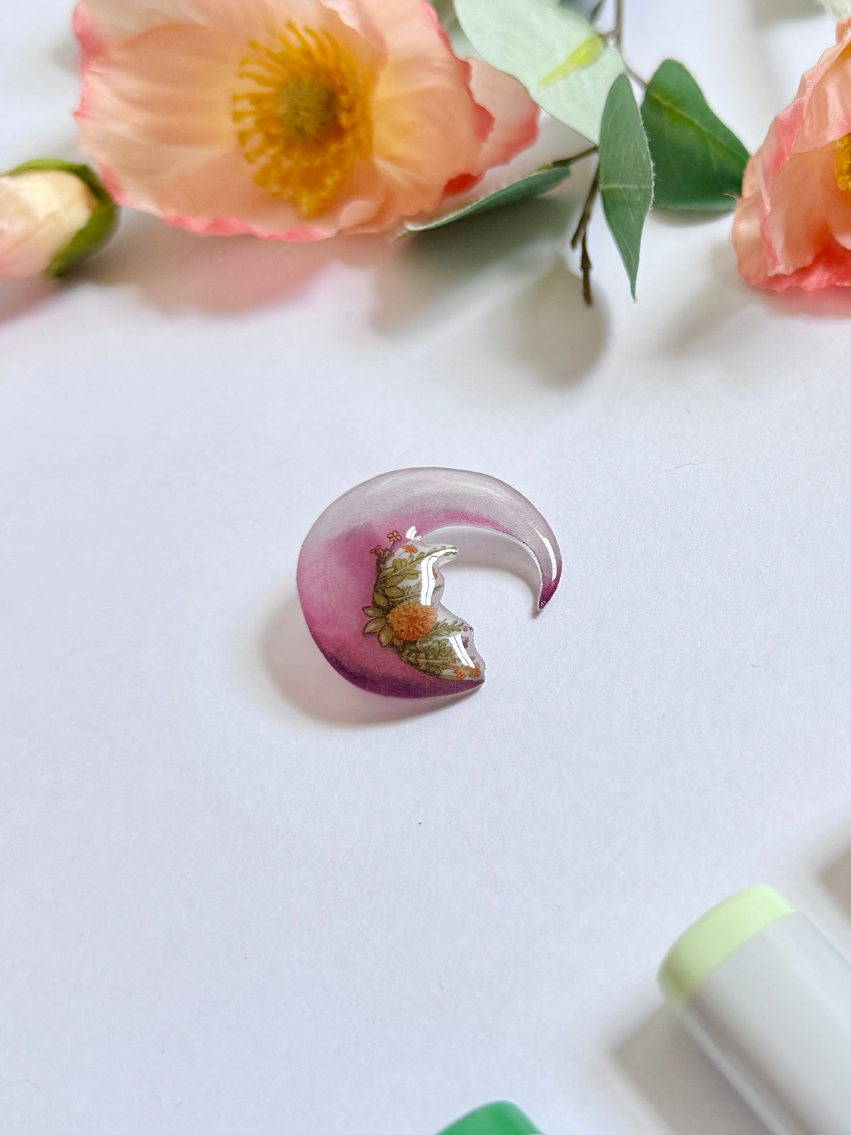 Hand-Illustrated + Handmade Pink Love with Flowers Resin Hair Clip (Copy)