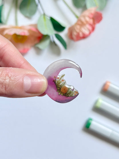 Hand-Illustrated + Handmade Pink Love with Flowers Resin Hair Clip (Copy)