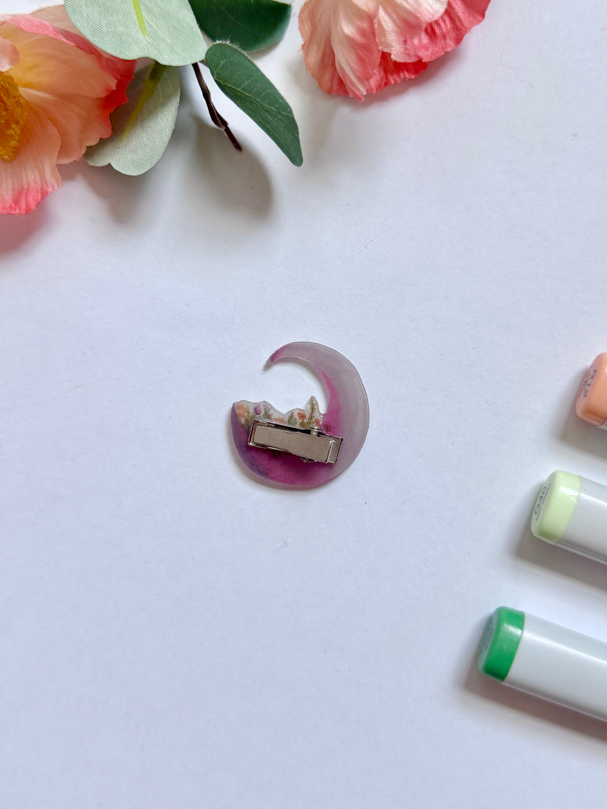 Hand-Illustrated + Handmade Pink Love with Flowers Resin Hair Clip (Copy)