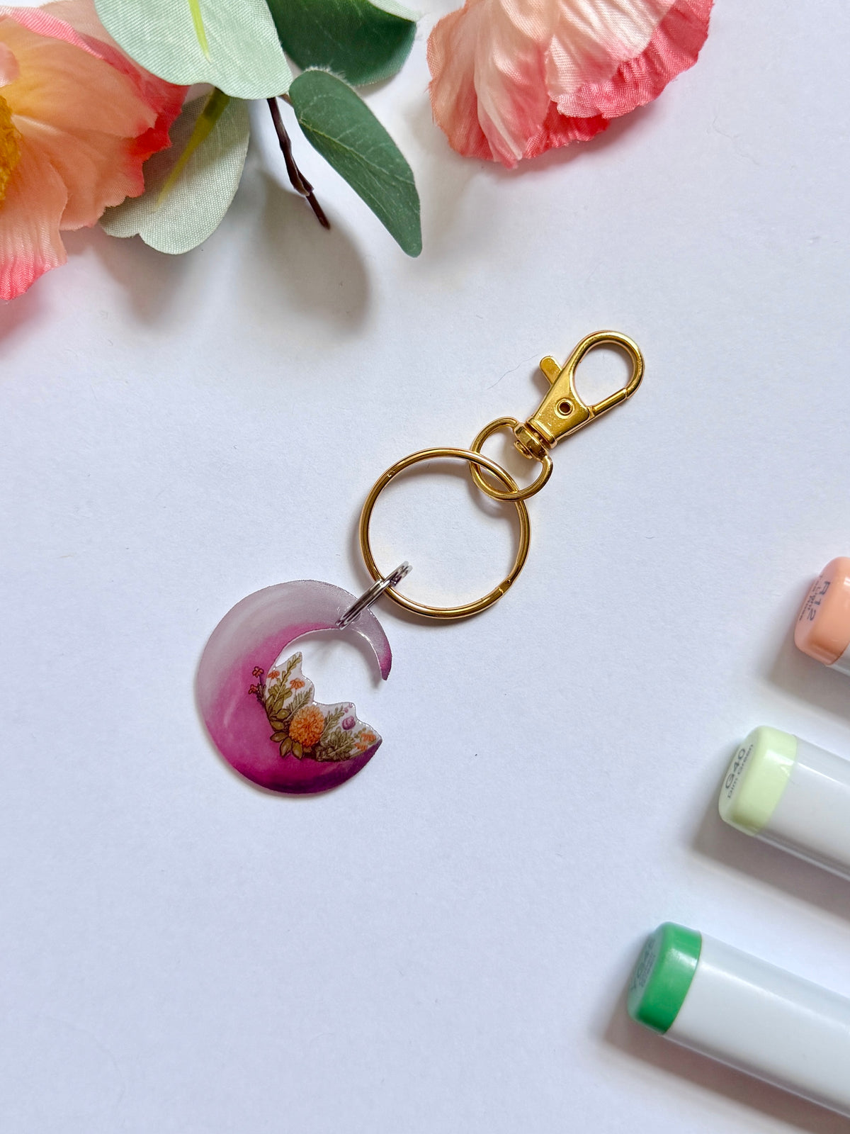 Hand-Illustrated Floral Moon | Handmade Acrylic + Resin Keychain/Bag Charm