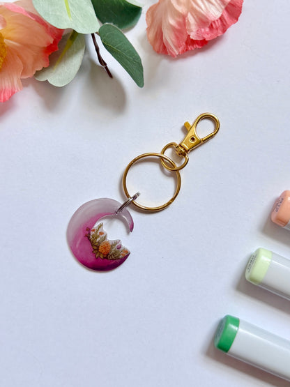 Hand-Illustrated Floral Moon | Handmade Acrylic + Resin Keychain/Bag Charm