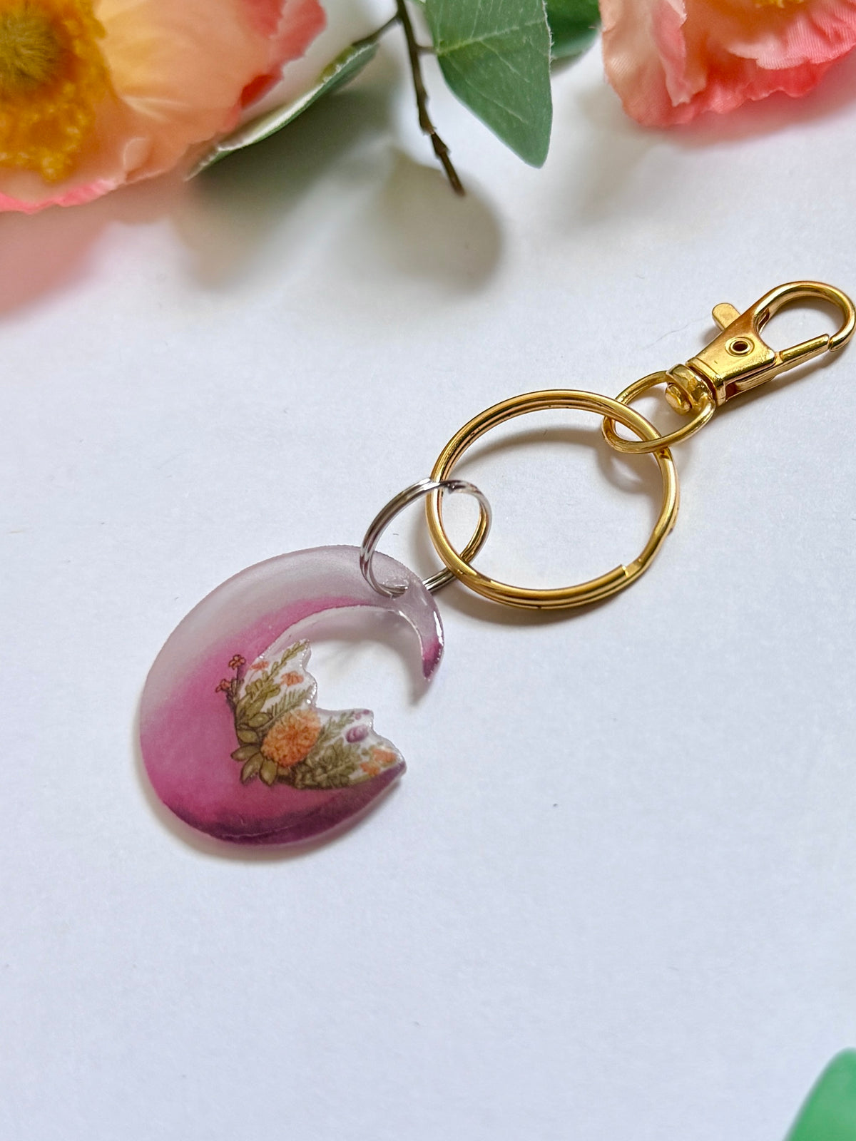 Hand-Illustrated Floral Moon | Handmade Acrylic + Resin Keychain/Bag Charm