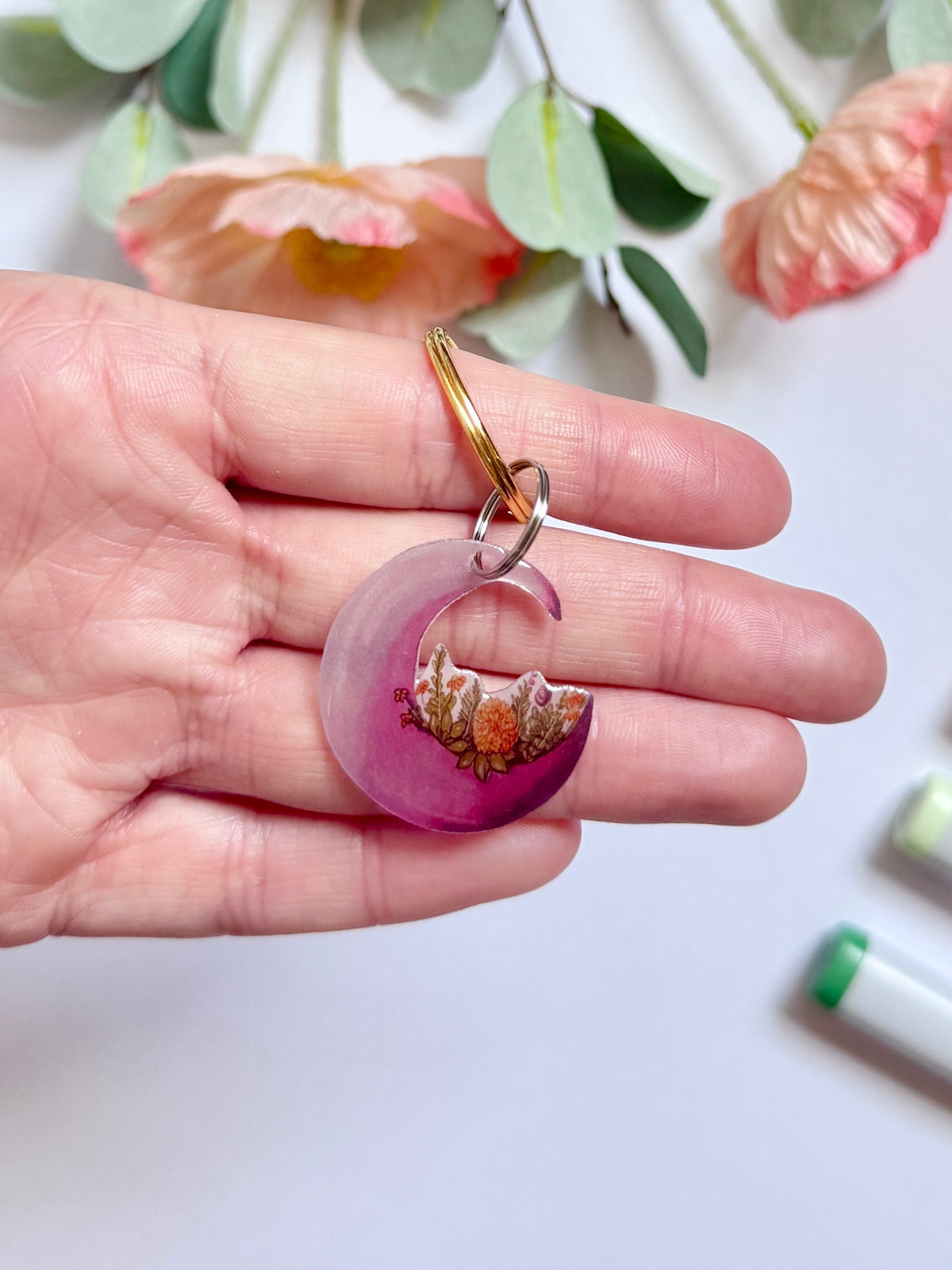 Hand-Illustrated Floral Moon | Handmade Acrylic + Resin Keychain/Bag Charm