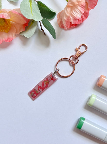 Hand-Illustrated Pink Love with Florals | Handmade Acrylic + Resin Keychain/Bag Charm