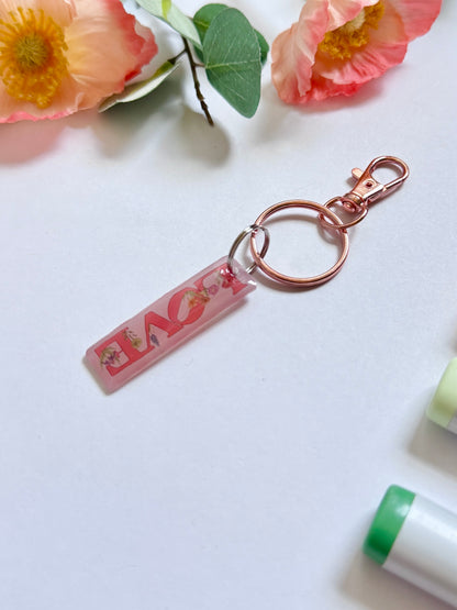 Hand-Illustrated Pink Love with Florals | Handmade Acrylic + Resin Keychain/Bag Charm