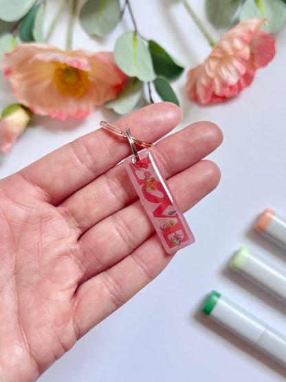 Hand-Illustrated Pink Love with Florals | Handmade Acrylic + Resin Keychain/Bag Charm