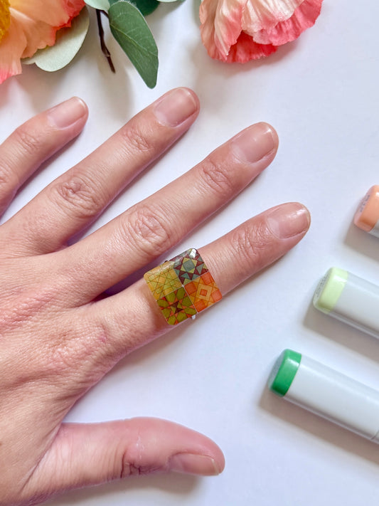 Hand-Illustrated Quilt Squares | Handmade Resin Ring