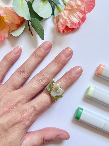 Hand-Illustrated Southern Magnolia Flower | Handmade Resin Ring
