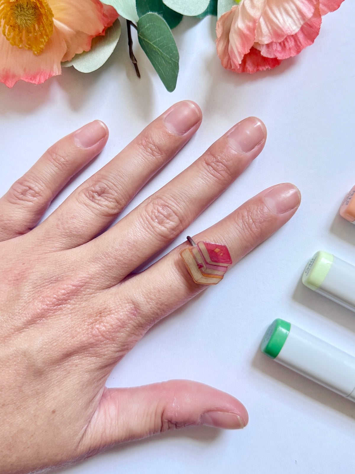 Hand-Illustrated Stack of Books | Handmade Resin Ring