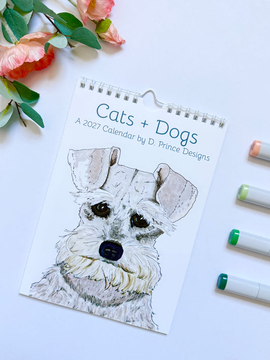Hand-Illustrated Cats + Dogs | 8.2" x 5.8" Wall Calendar