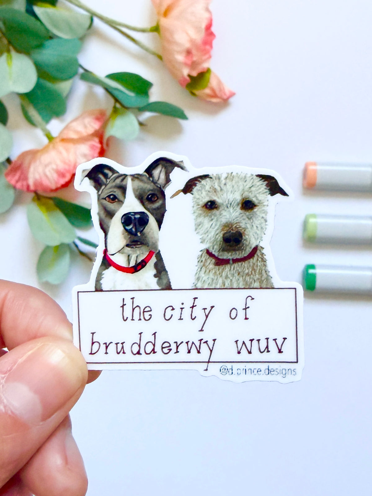 Hand-Illustrated City of Brudderwy Wuv  - 2 Dogs | 2" Vinyl Sticker