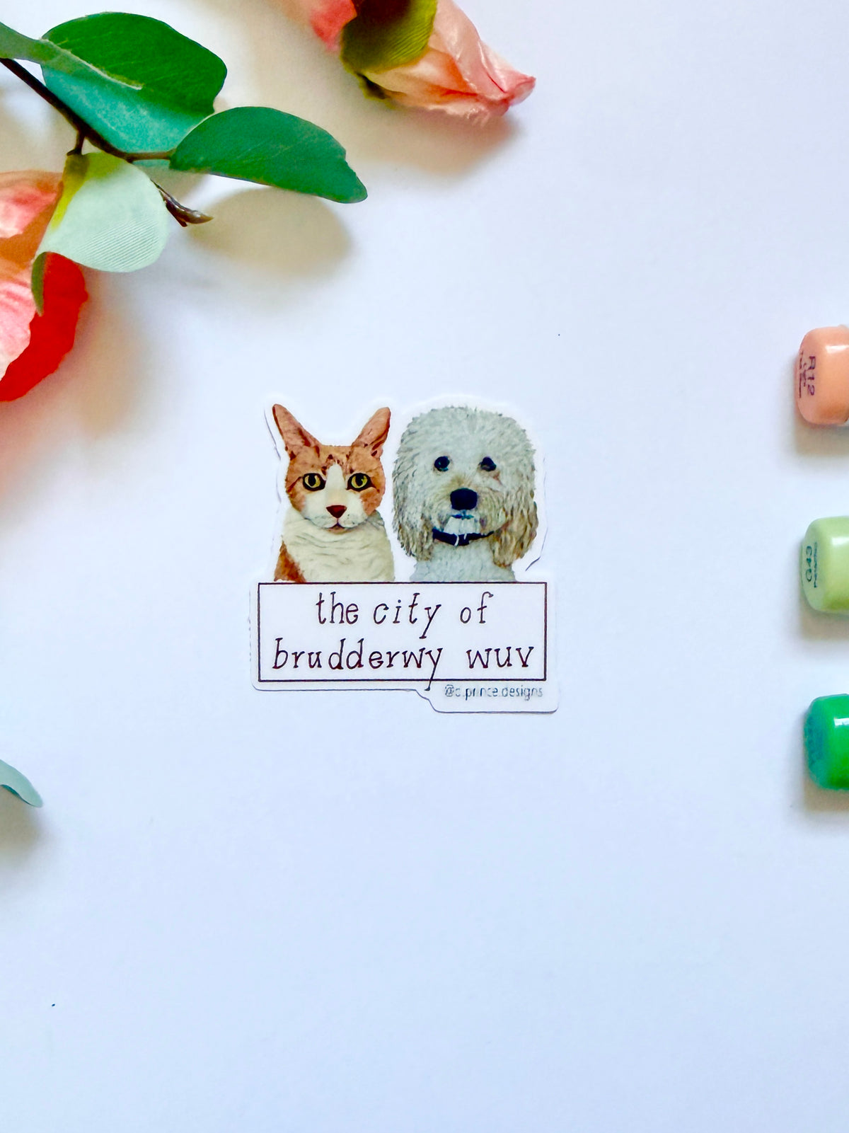 Hand-Illustrated City of Brudderwy Wuv  - 1 Dogs + 1 Cat | 2" Vinyl Sticker